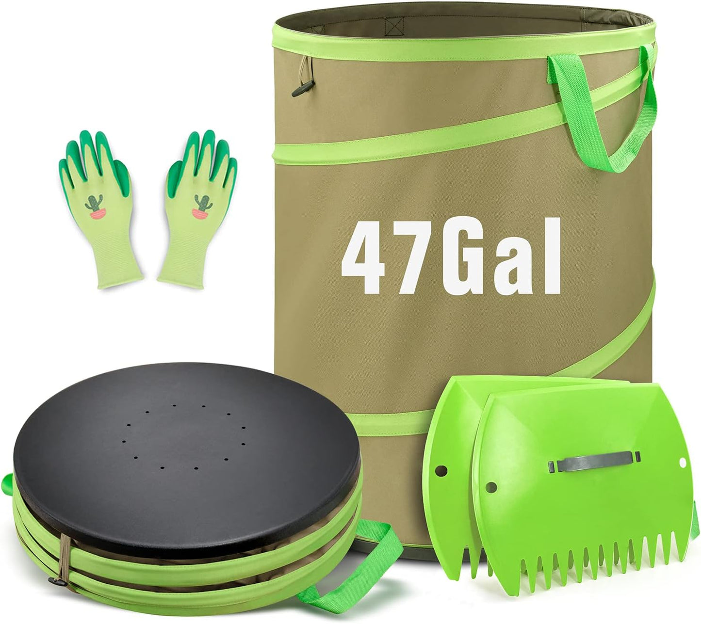 Colwelt 47 Gallon Leaf Bags Collapsible, Hardshell Bottom Heavy Duty Collapsible Garden Bag, Pop up Garden Waste Reusable Bag Include Leaf Scoop, Garden Gloves
