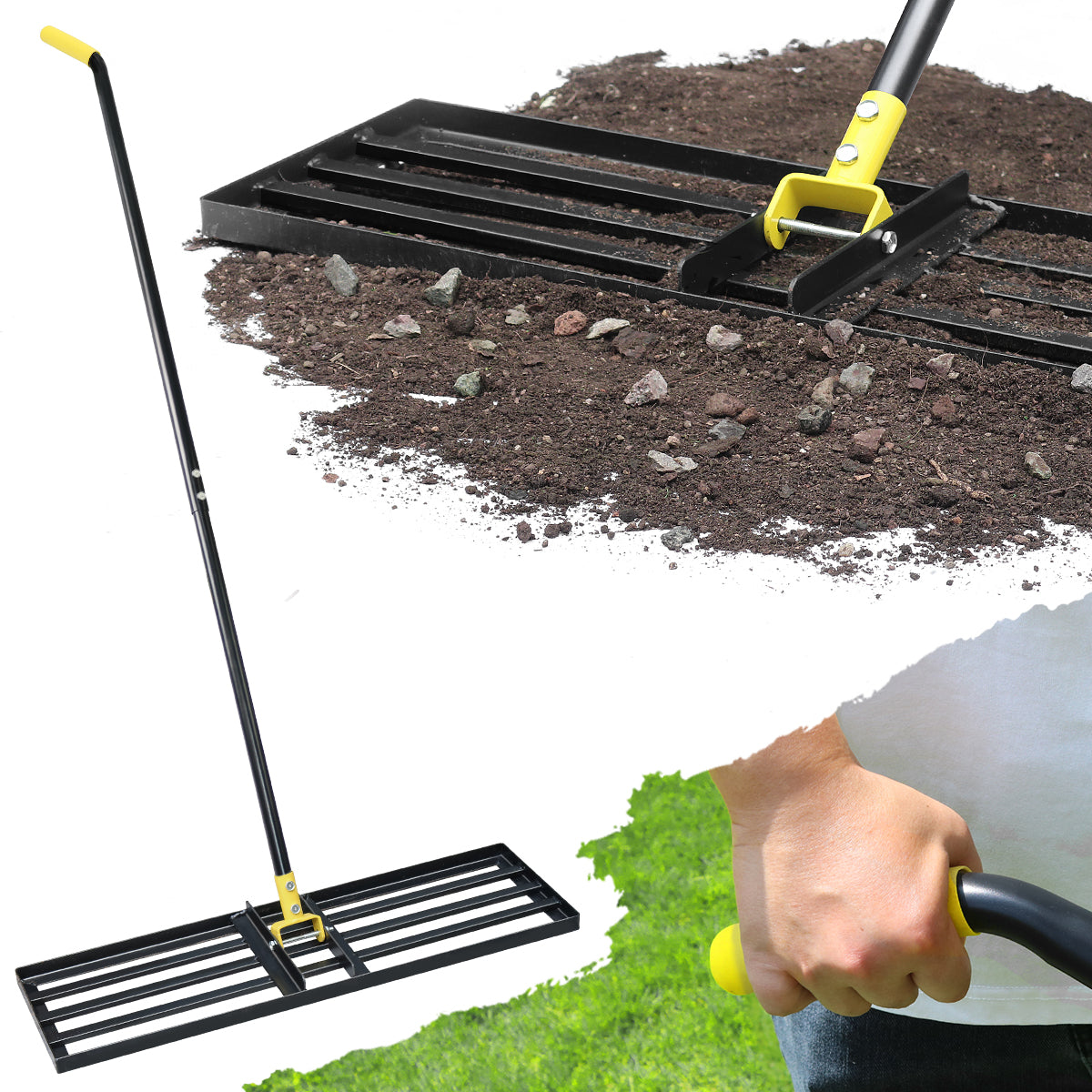 Colwelt Lawn Leveling Rake 31'', Hefty Lawn Leveler Rake for Grass Soil, Leveling Rake for Lawn with 72'' Ergonomic Curved End Grip Long Handle, Levelawn Tool Leveling Soil, Yard Lawn Leveling Tool