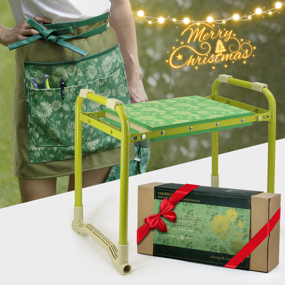 Colwelt Garden Stool and Kneeler Set, Garden Seat and Kneeler Heavy Duty with 10" Wide Soft Kneeling Pad, Non-Slip Garden Bench for Kneeling and Sitting with Elegant Apron, Gardening Gifts for Women