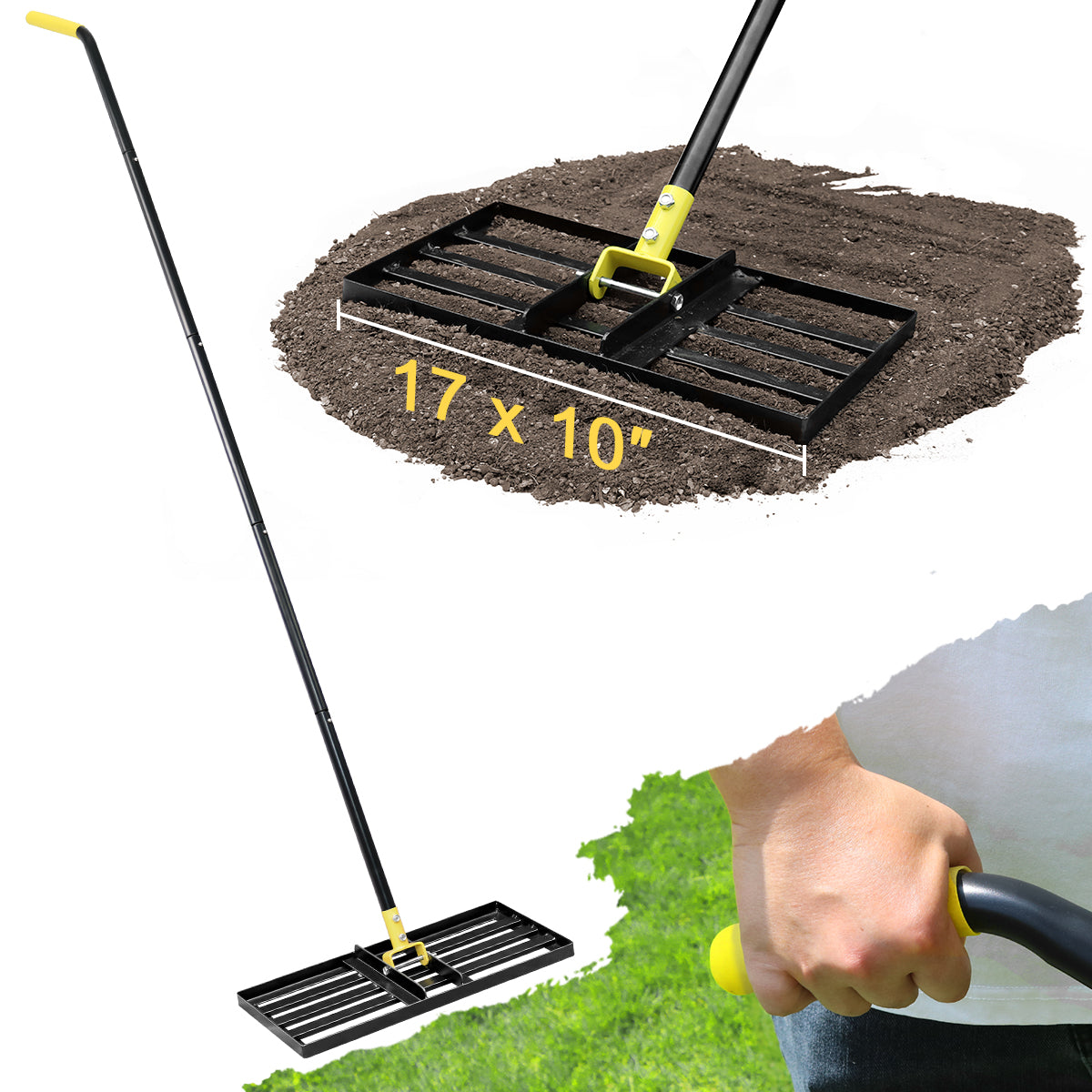 Colwelt Lawn Leveling Rake17 x10, Lawn Leveler Rake with Great Leveling Accuracy, Leveling Rake for Soil with 77’’ Adjustable Curved End Grip Handle, Lawn Leveling Tool Yard Leveler for Leveling Soil